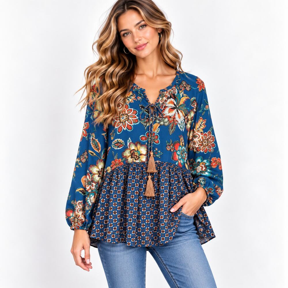 Chenille Blouse Women's Size M Blue Floral Tassels Boho Cottage Casual NWOT